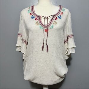 Democracy ivory shirt with colorful stitching.  Size XL